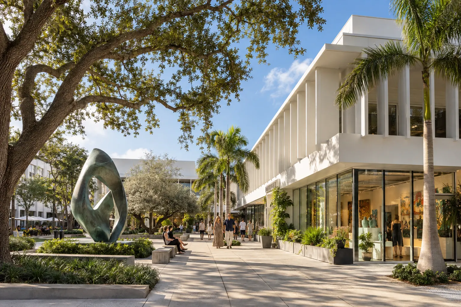 Modern commercial buildings, public art and business activity in Sarasota, Florida
