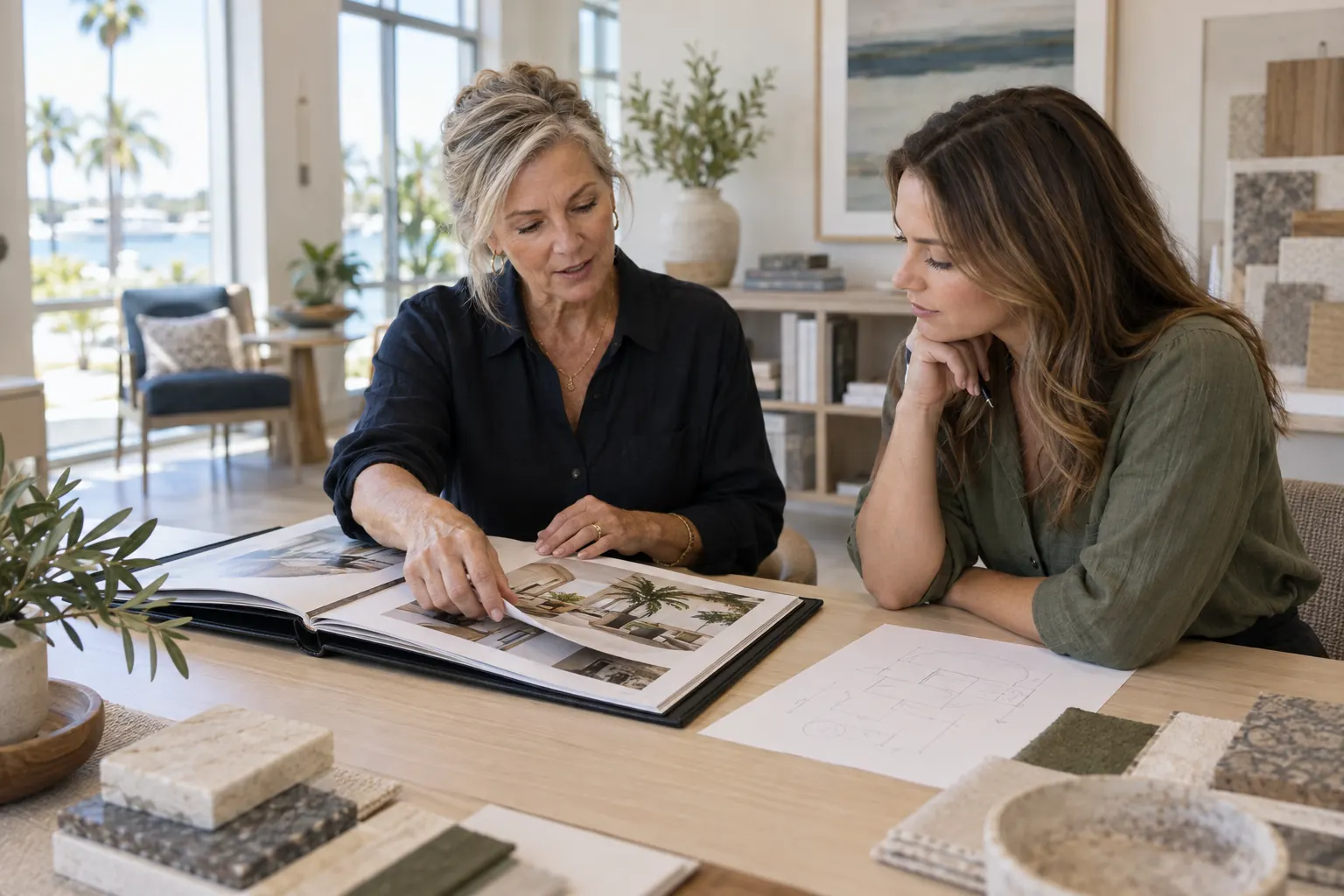 Sarasota service business owner reviewing a work portfolio with a colleague