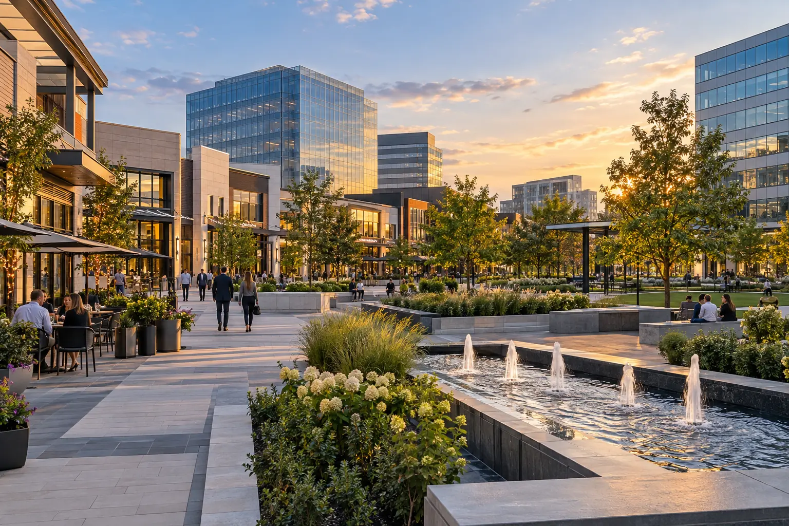 Schaumburg office and retail buildings around a planted business plaza