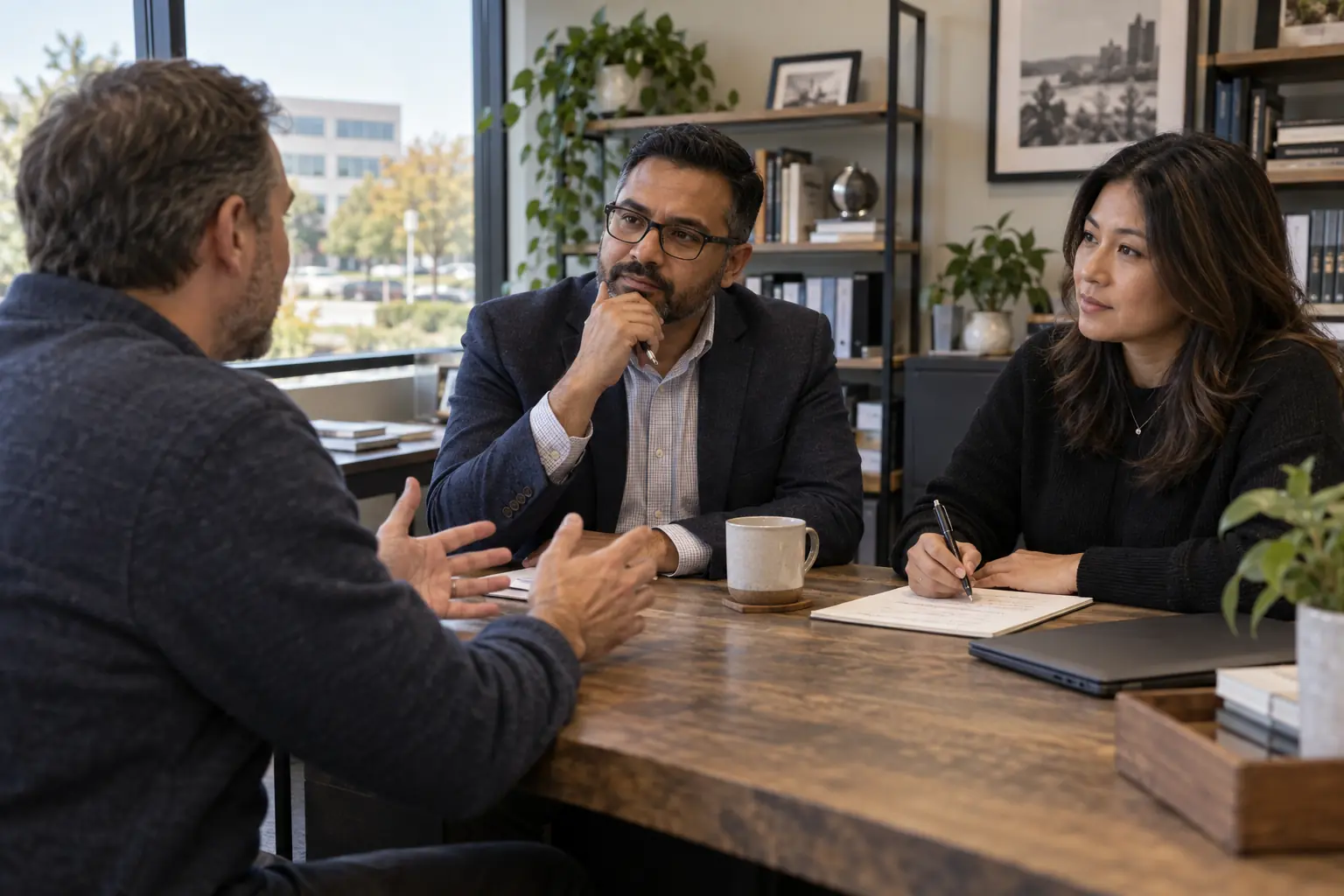 Schaumburg business owner and colleague listening to a client during a work discussion