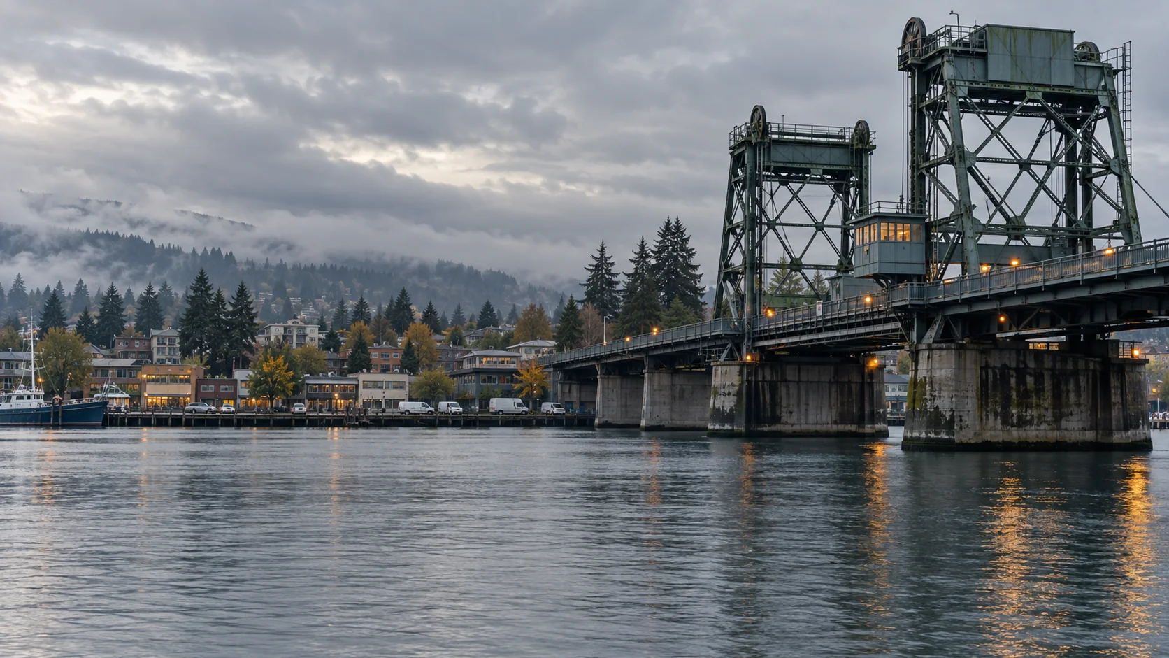 Seattle Ship Canal bridge and neighborhood waterfront at dusk, original image by The Quiet Protocol
