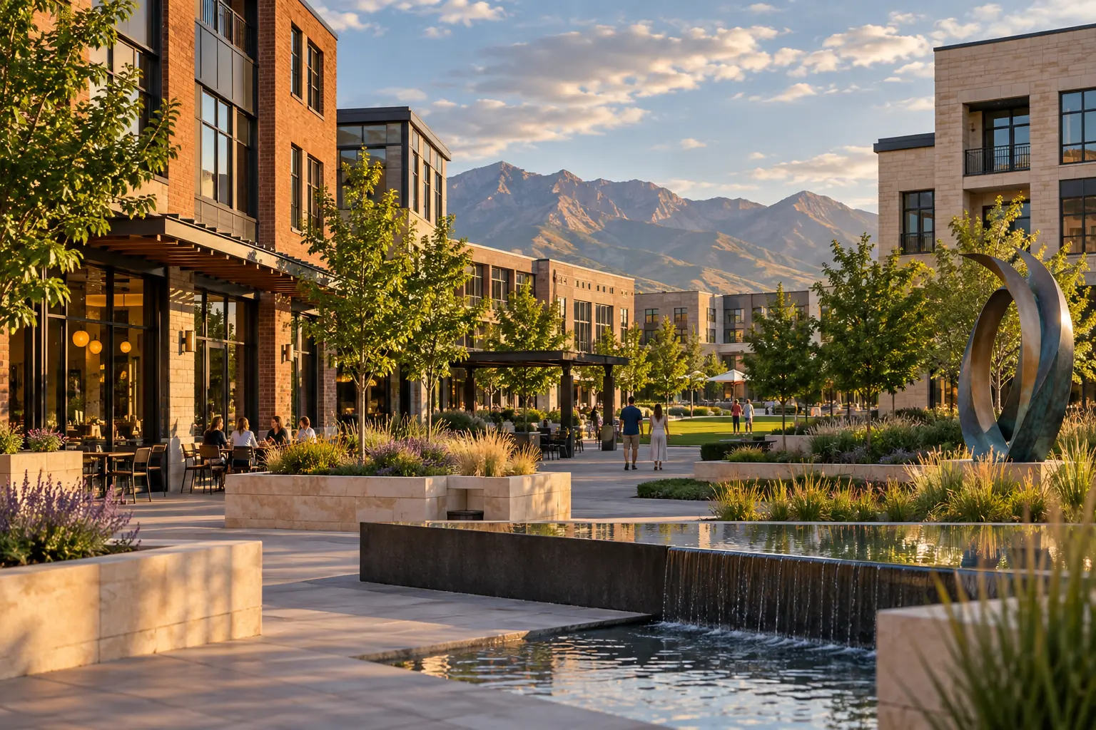 South Jordan mixed-use business courtyard and mountain backdrop