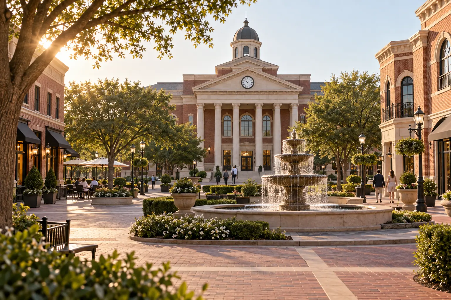 Red-brick civic architecture, fountain and shops in a Southlake commercial square
