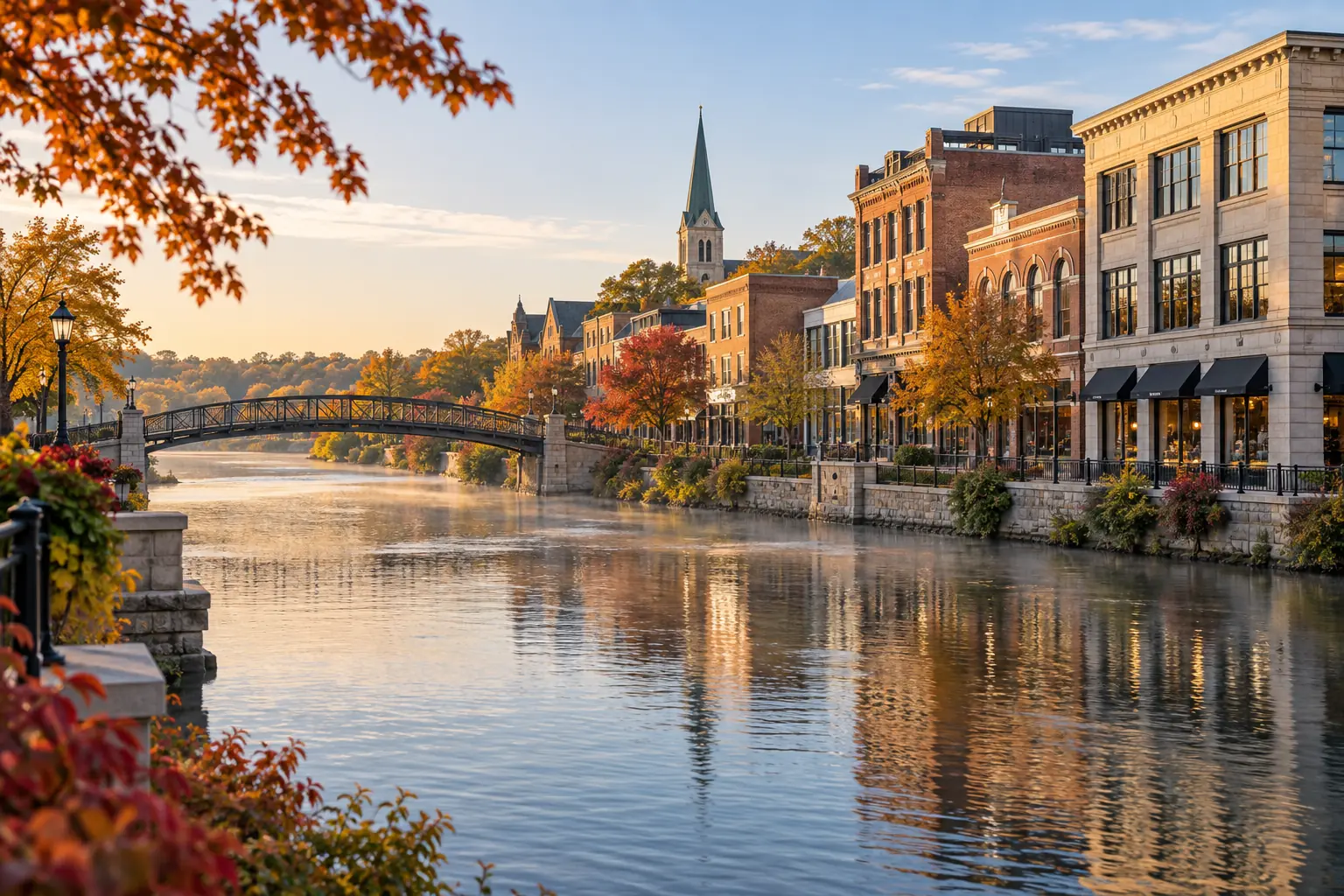 Fox River and downtown St. Charles commercial buildings in warm light