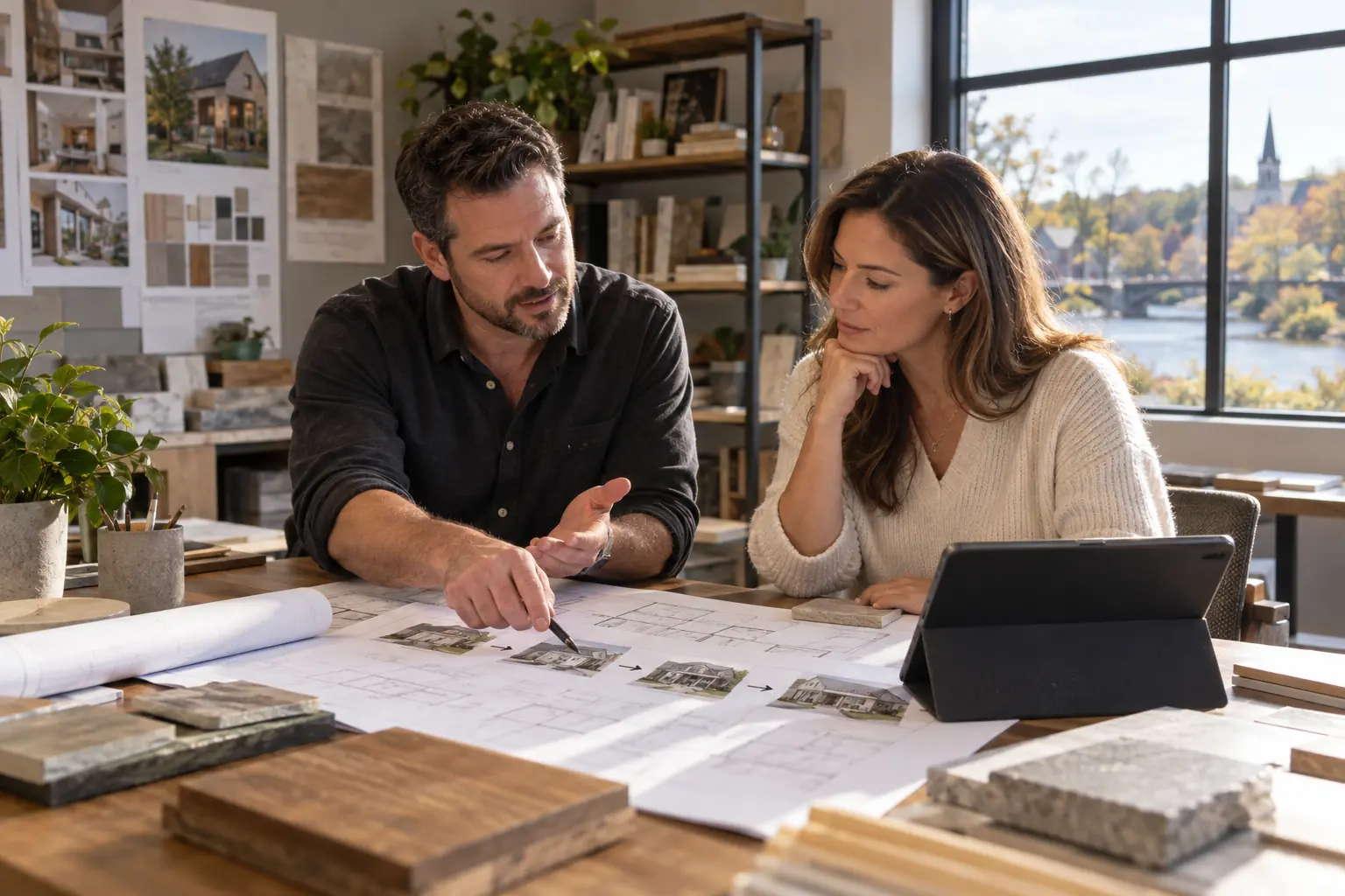 St. Charles owner and client reviewing drawings and the next project decision