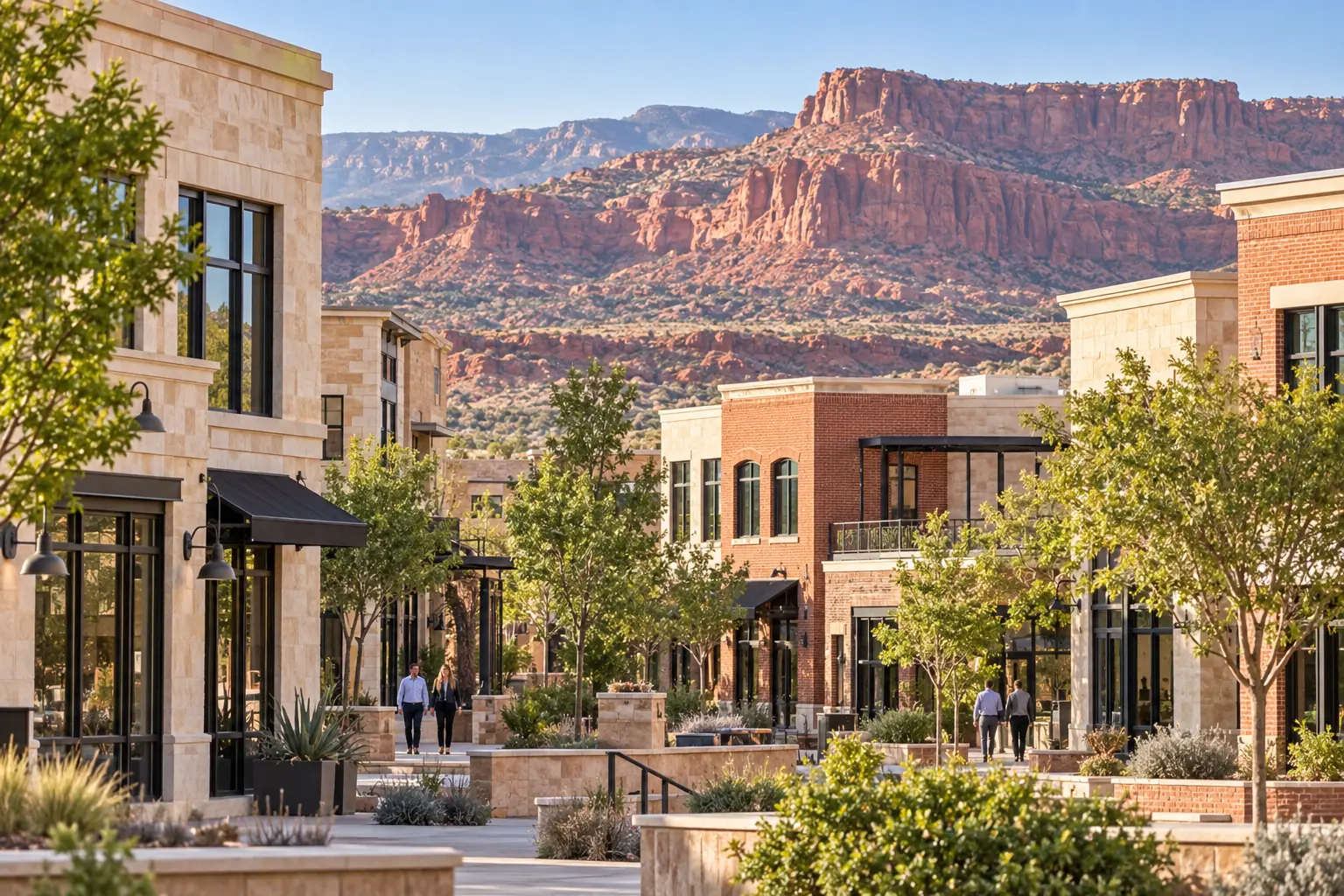 St. George commercial buildings with red sandstone bluffs beyond
