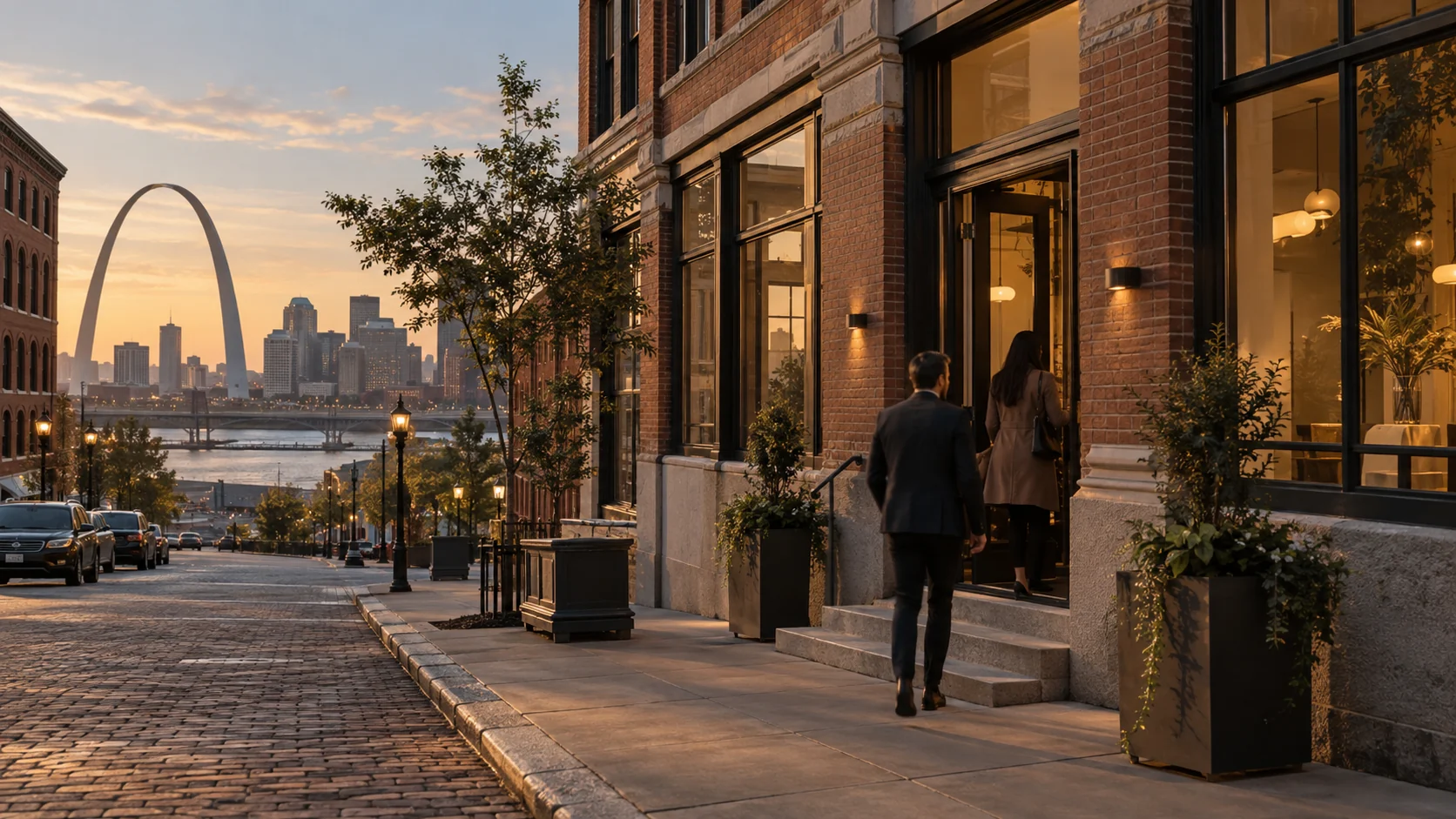 Brick St. Louis-style service-business street with distant Gateway Arch, original image by The Quiet Protocol