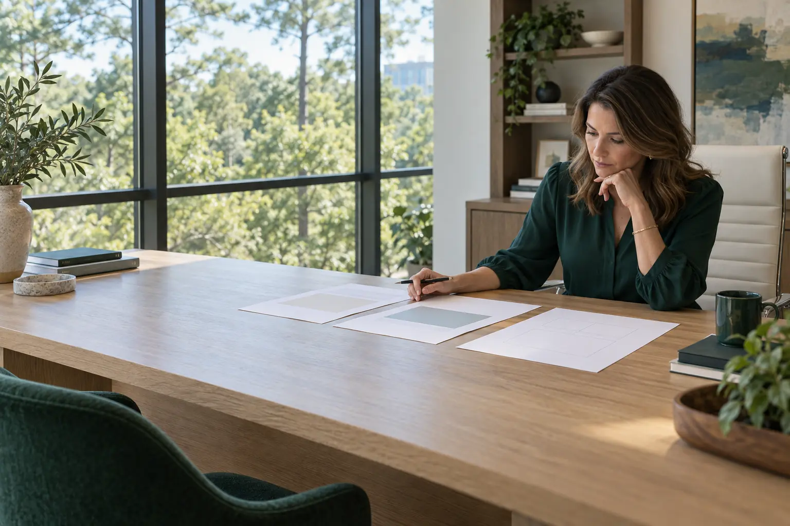Business owner arranging specialty service briefs on a worktable