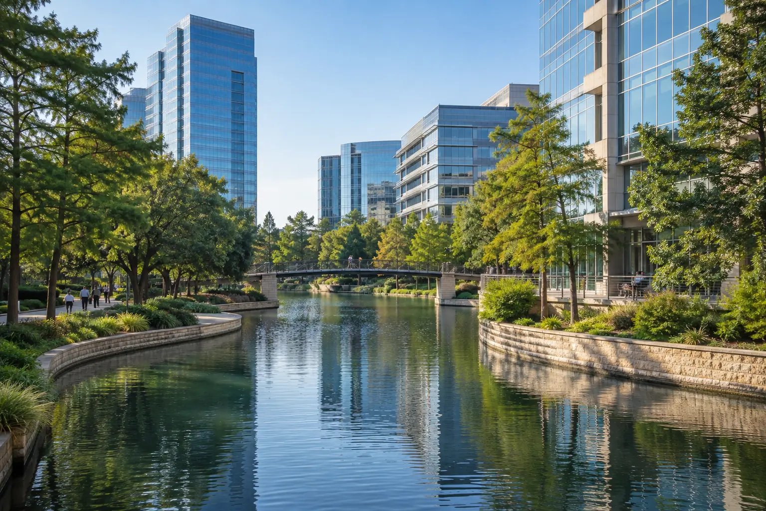 Tree-lined waterway and glass office buildings in The Woodlands business district