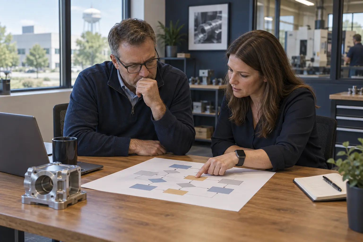 Business owner and manager reviewing how customer inquiries are handled