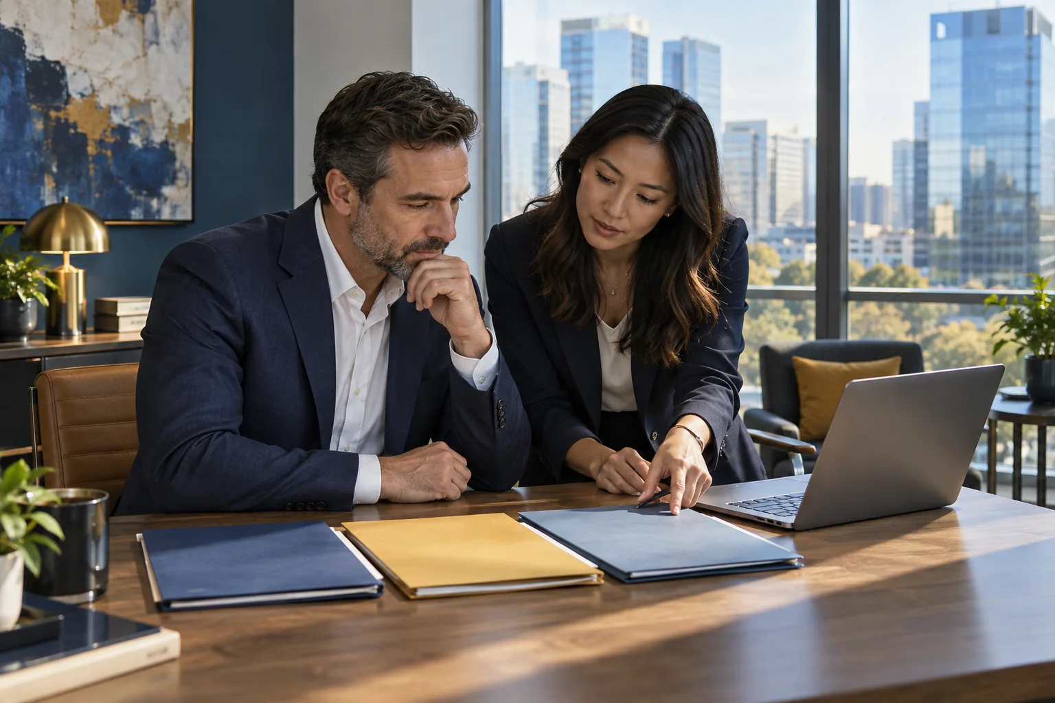 Two professional-service owners reviewing customer request folders and a laptop