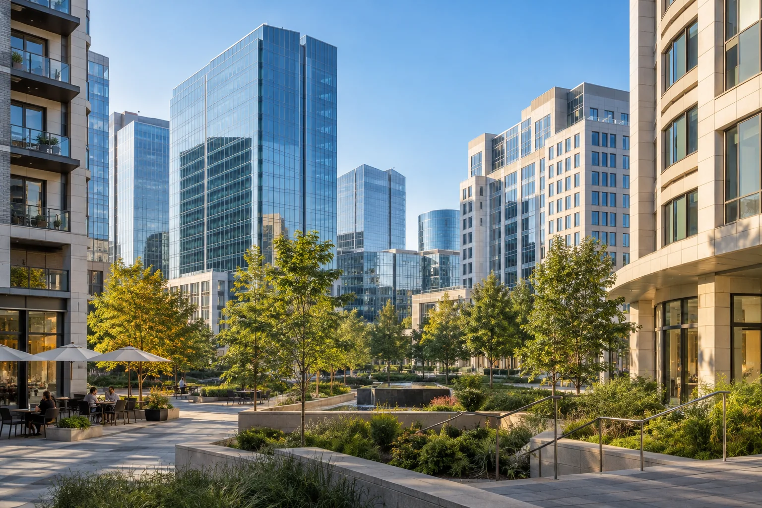 Glass office towers and mixed-use buildings around a tree-lined Tysons business courtyard