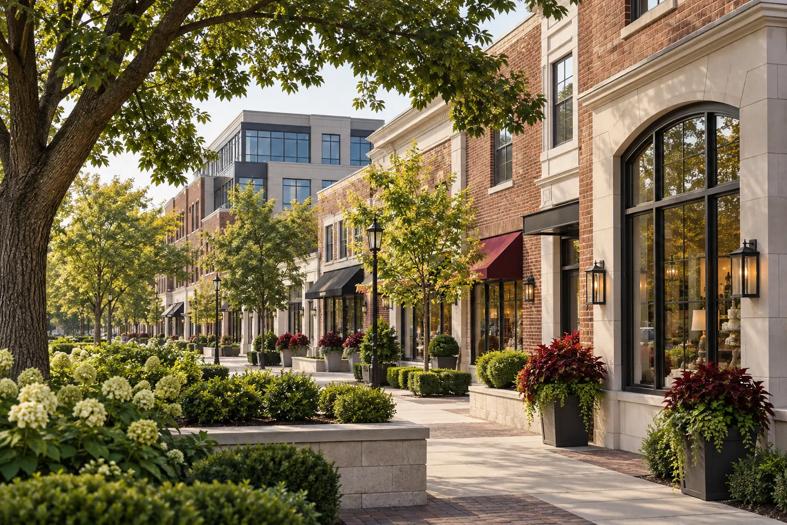 Tree-lined Upper Arlington commercial buildings with shops and professional offices