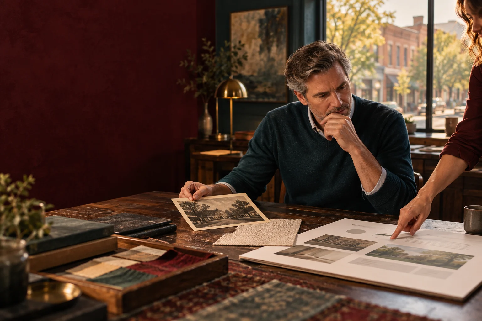 Service owner reviewing company history beside a current service plan
