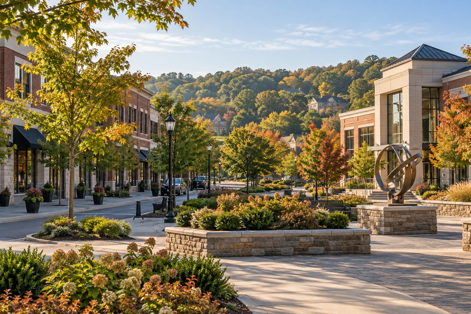 Upper St. Clair business storefronts and small offices against wooded South Hills