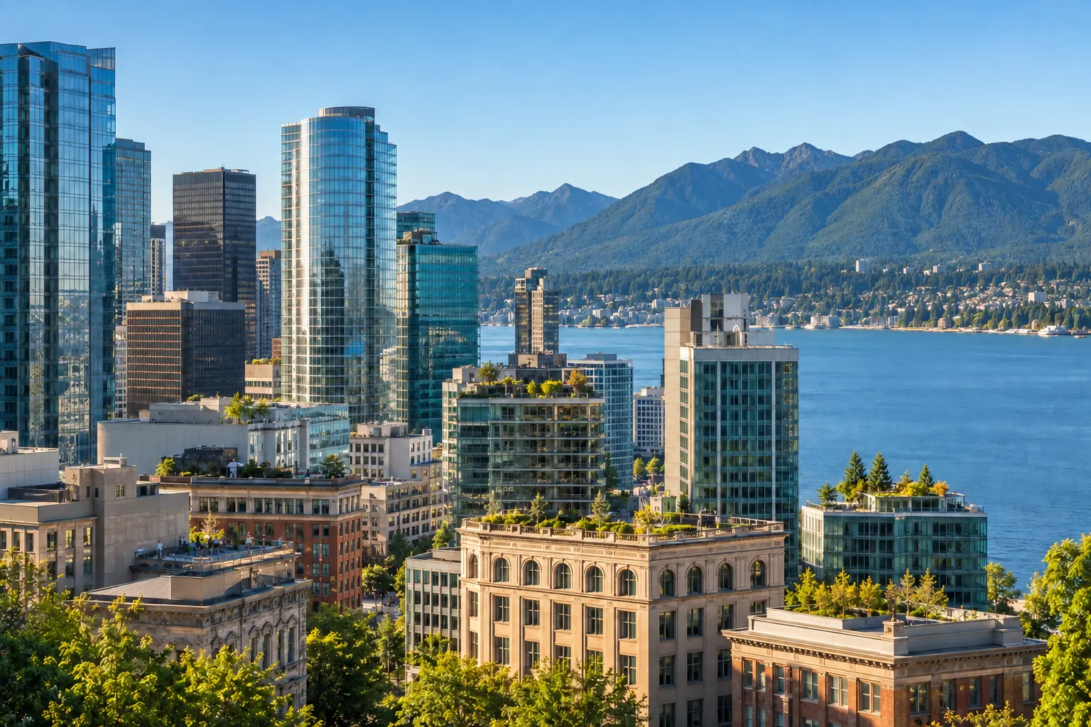 Vancouver waterfront commercial skyline with North Shore beyond