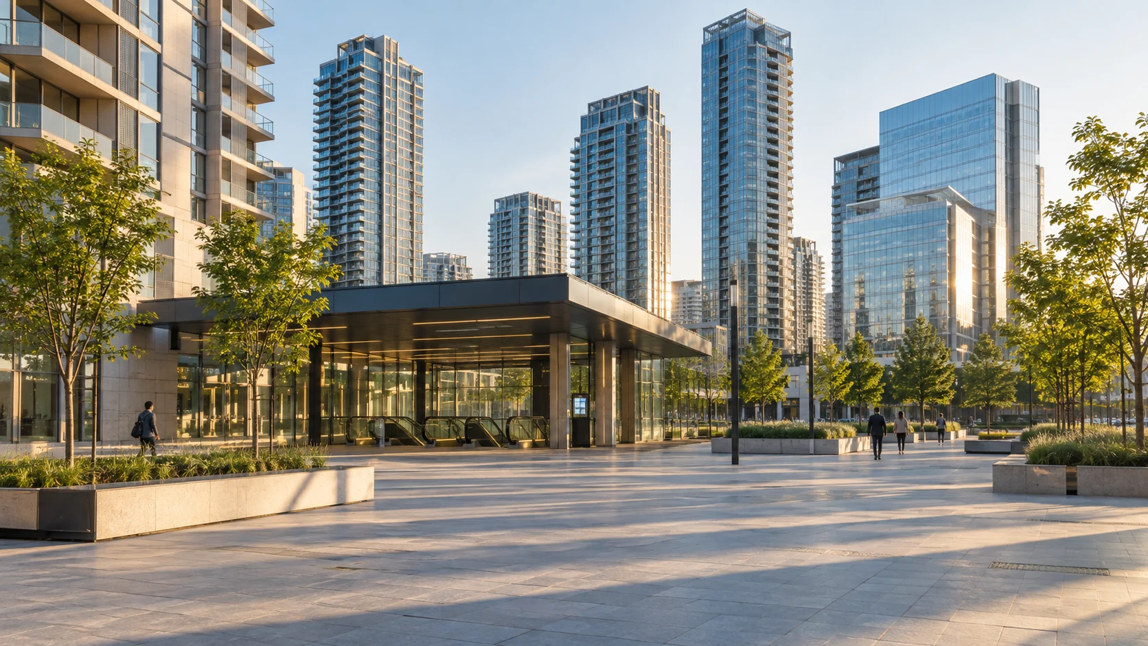 Modern transit plaza with a subway entrance and high-rise buildings reflecting Vaughan's growing downtown