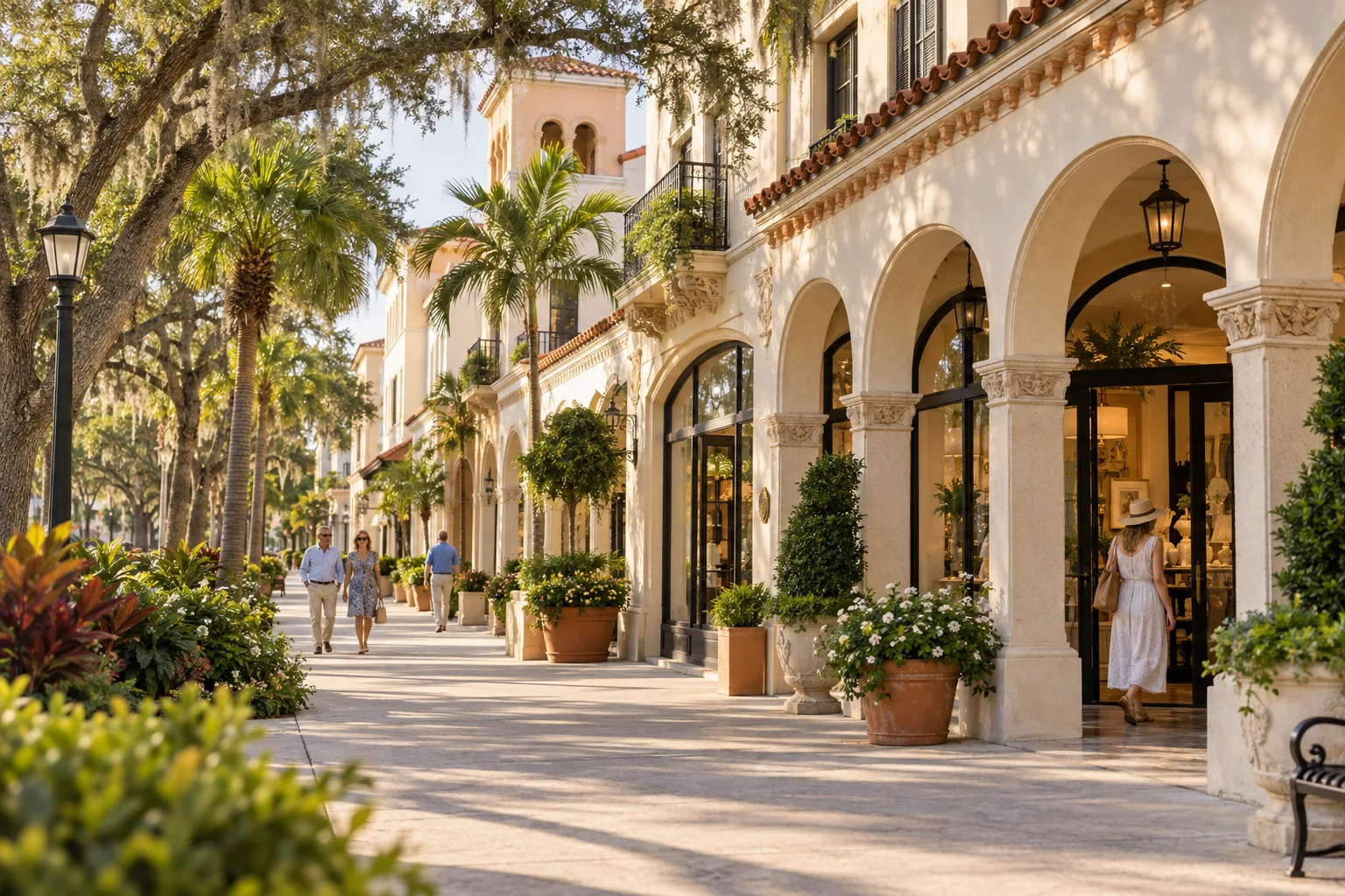 Historic Mediterranean style business arcades and storefronts in Venice, Florida