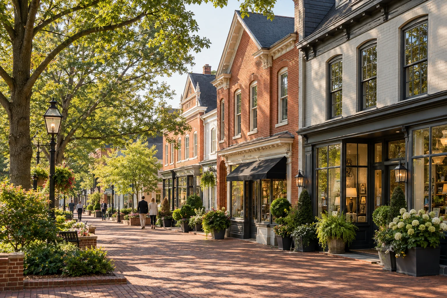 Tree-lined Vienna commercial street with renovated brick storefronts and small offices
