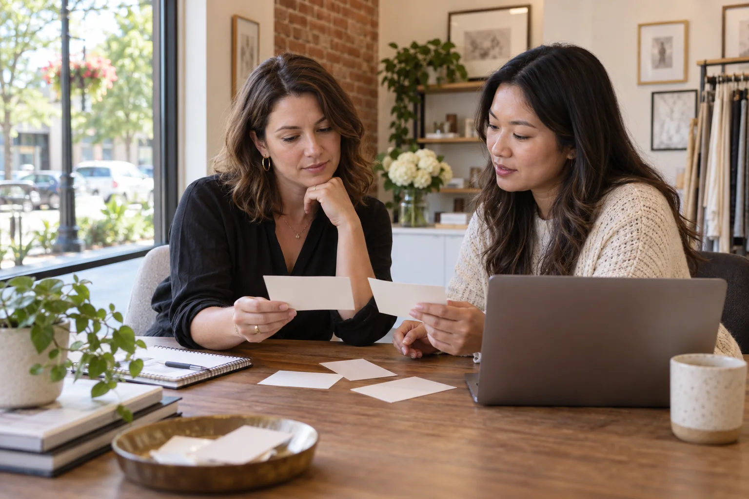 Two independent business owners reviewing service cards at a worktable