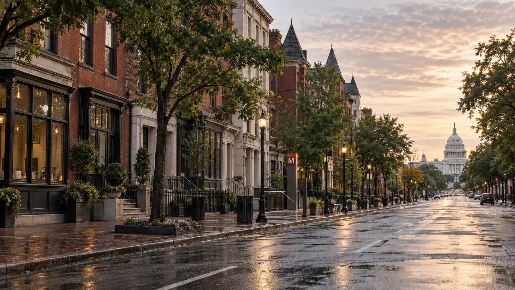 Washington, DC neighborhood street with red-brick storefronts, Metro entrance and Capitol dome at dawn, original image by The Quiet Protocol