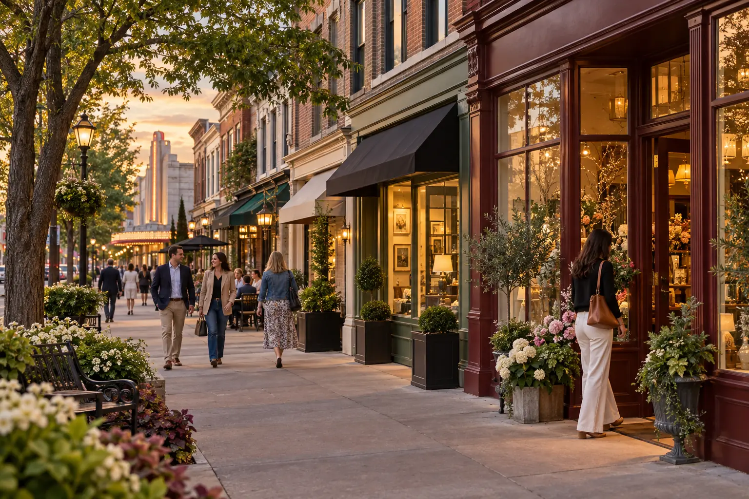 Westfield downtown storefronts and professional services at evening