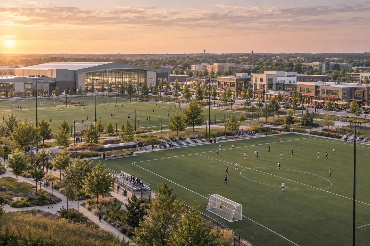 Sports fields and service storefronts in a Westfield business district