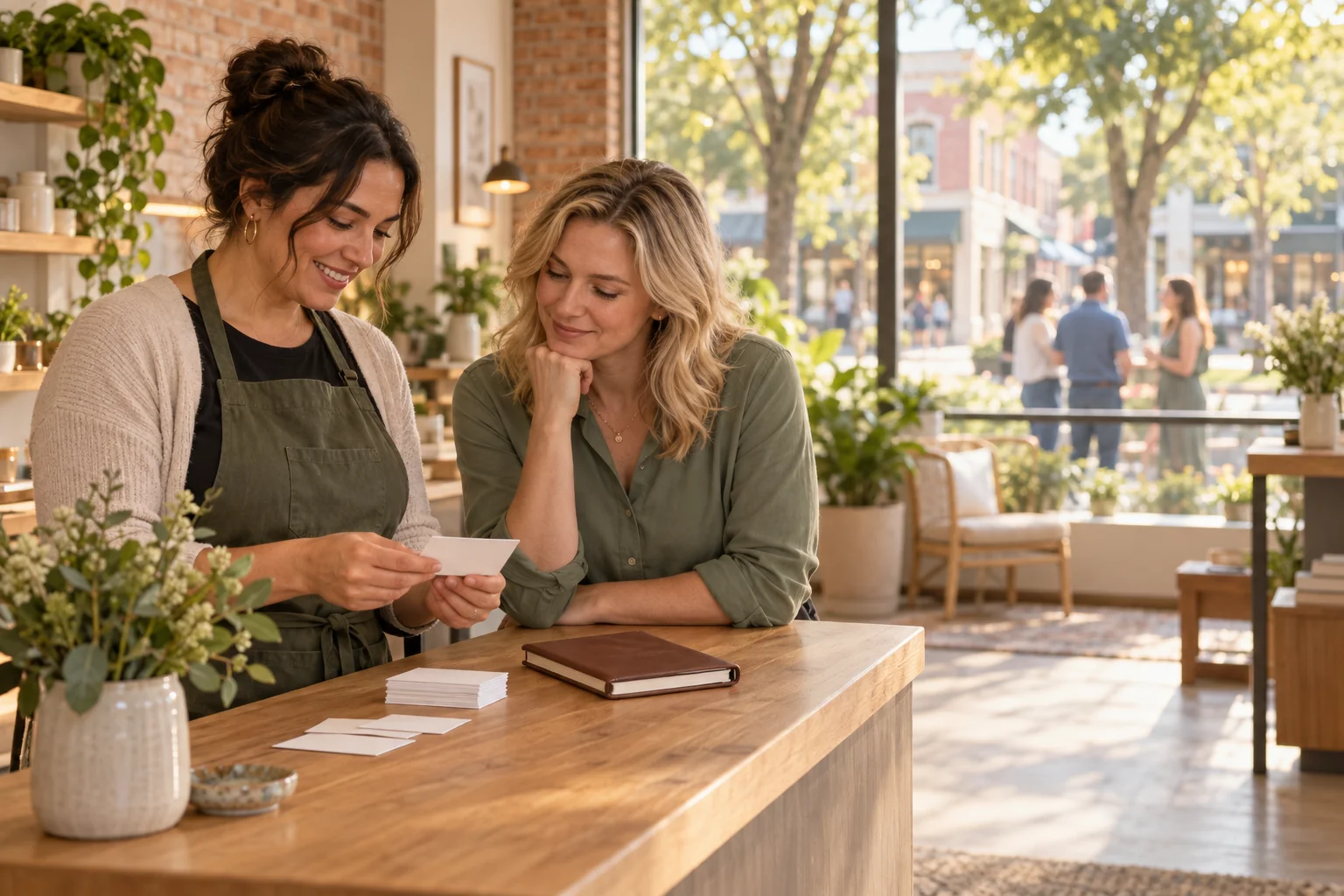 Independent-business owners reviewing customer follow-up after local attention