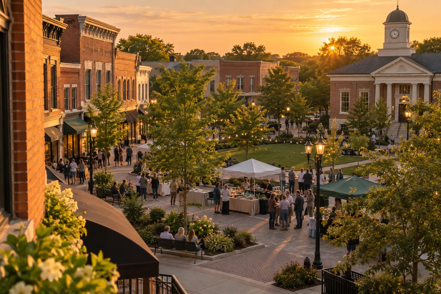 Brick storefronts and a community gathering in a Wheaton business square