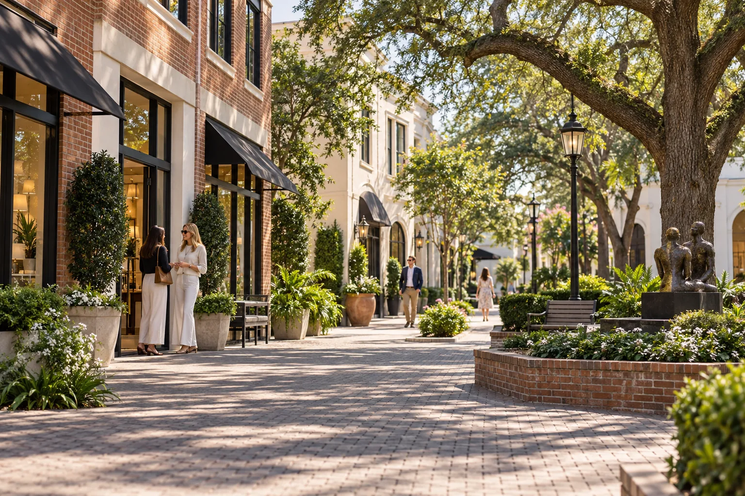 Independent businesses and professional buildings in a tree-shaded Winter Park commercial courtyard