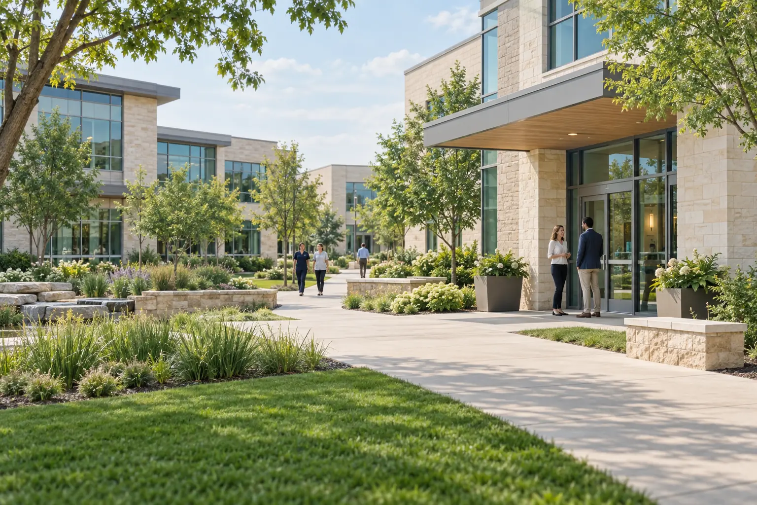 Landscaped Woodbury health services district with clinic and office buildings