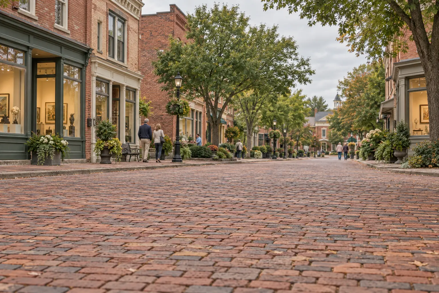Brick-paved Village business street with storefronts in Zionsville