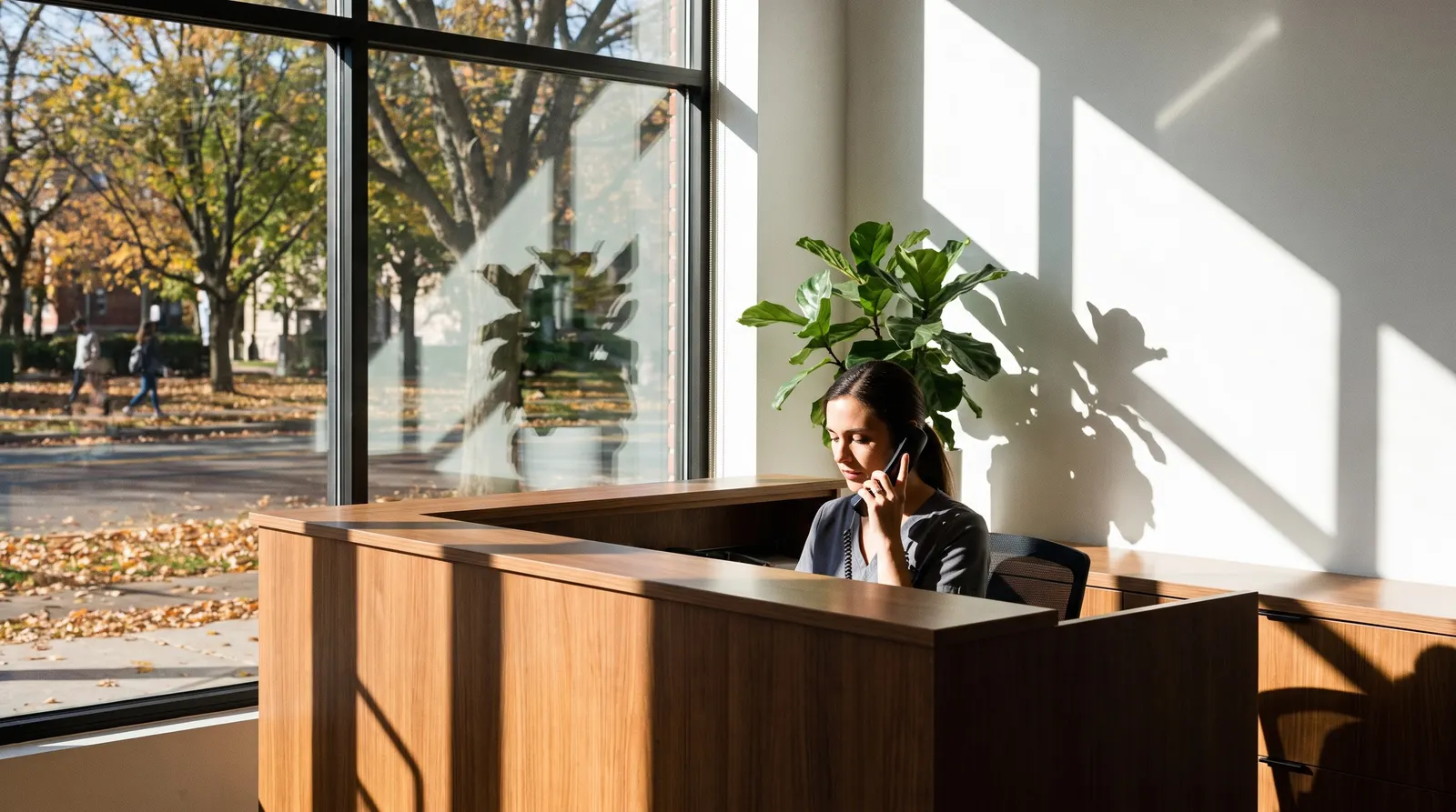 A clinic receptionist answering the phone at a wooden front desk beside a window onto an autumn street