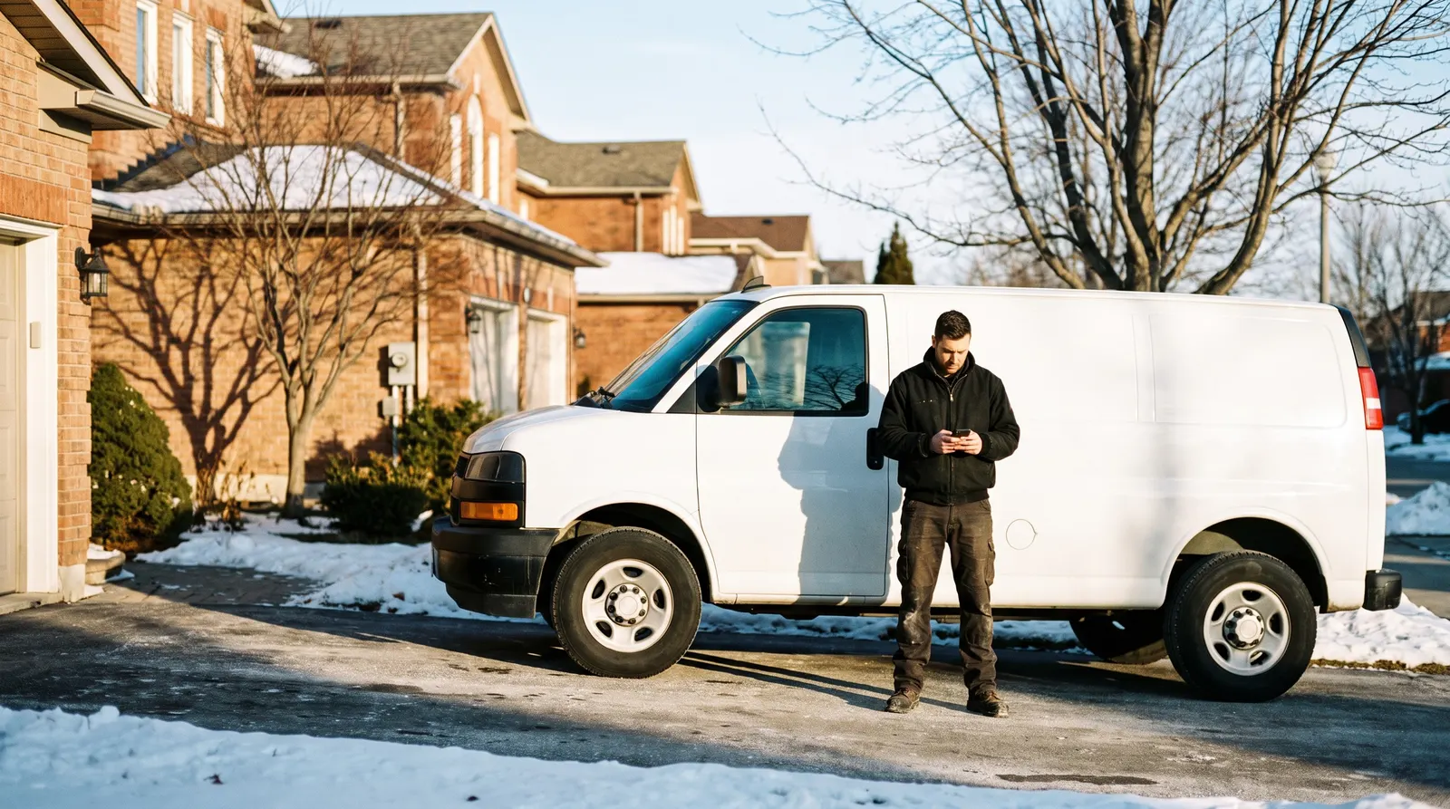 A technician checking a phone beside a white van in a snowy suburban driveway