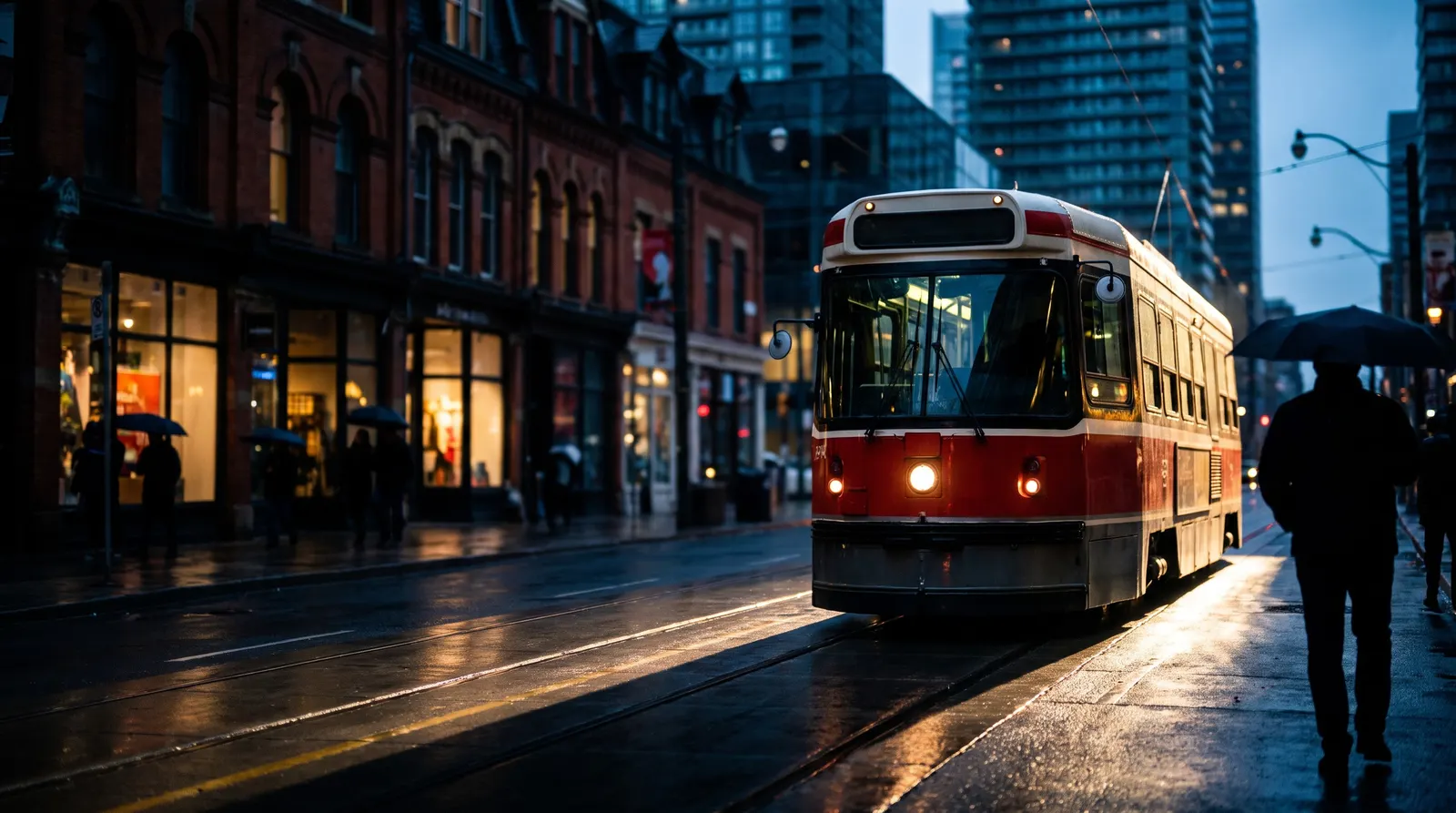 A red streetcar on a wet downtown Toronto street at dusk