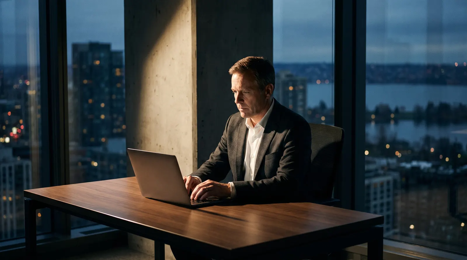 A professional working at a laptop in a tower office overlooking the lake at dusk