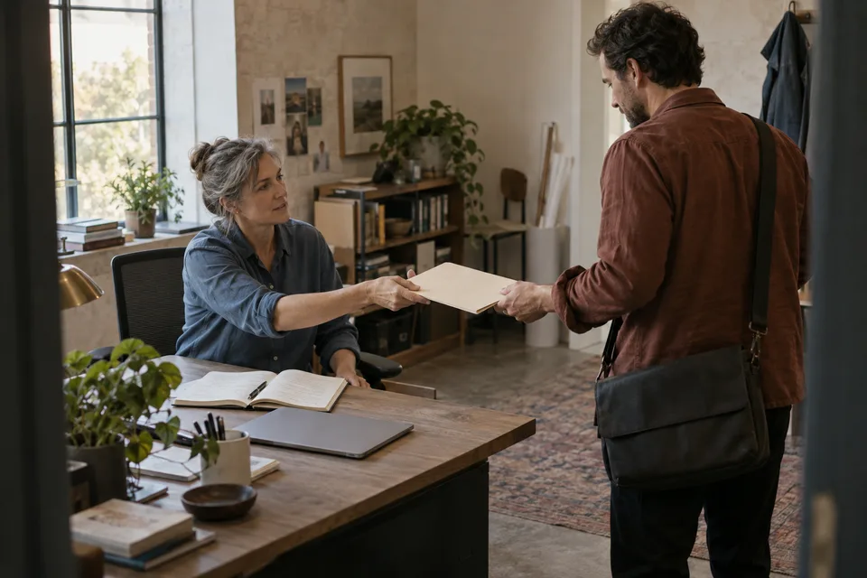 Illustrative scene of a coordinator handing a prepared customer folder to a colleague.