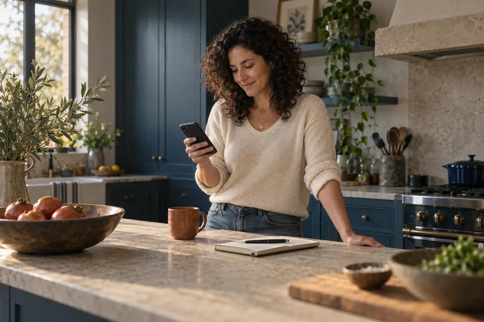 Illustrative customer reading a timely message on her phone at home.