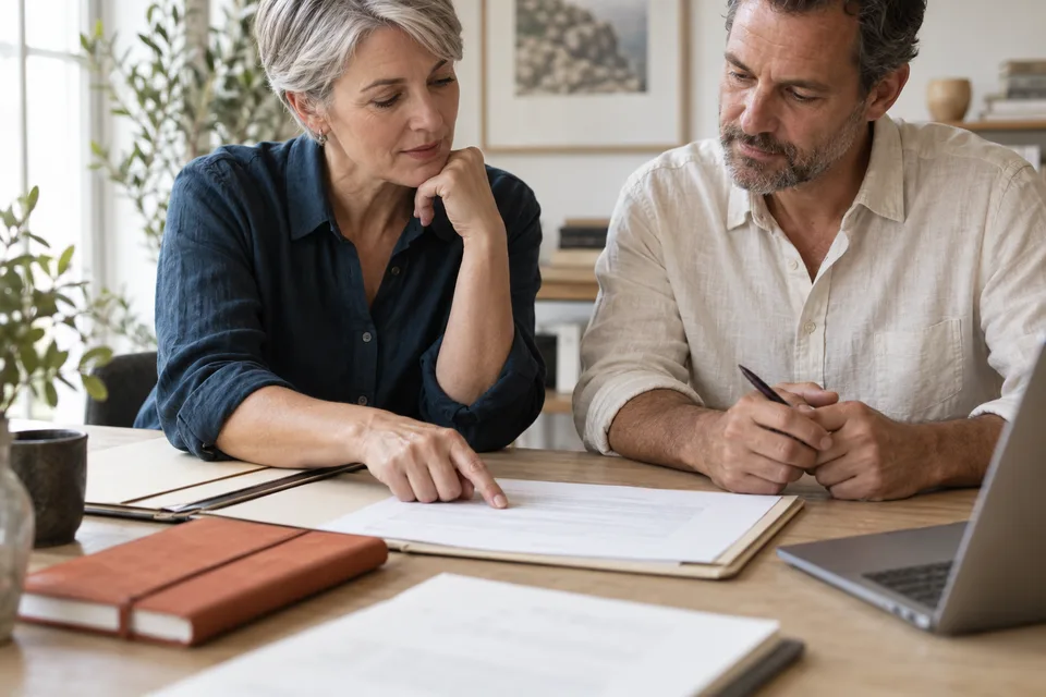 Illustrative scene of two colleagues using a prepared record to make a considered decision.