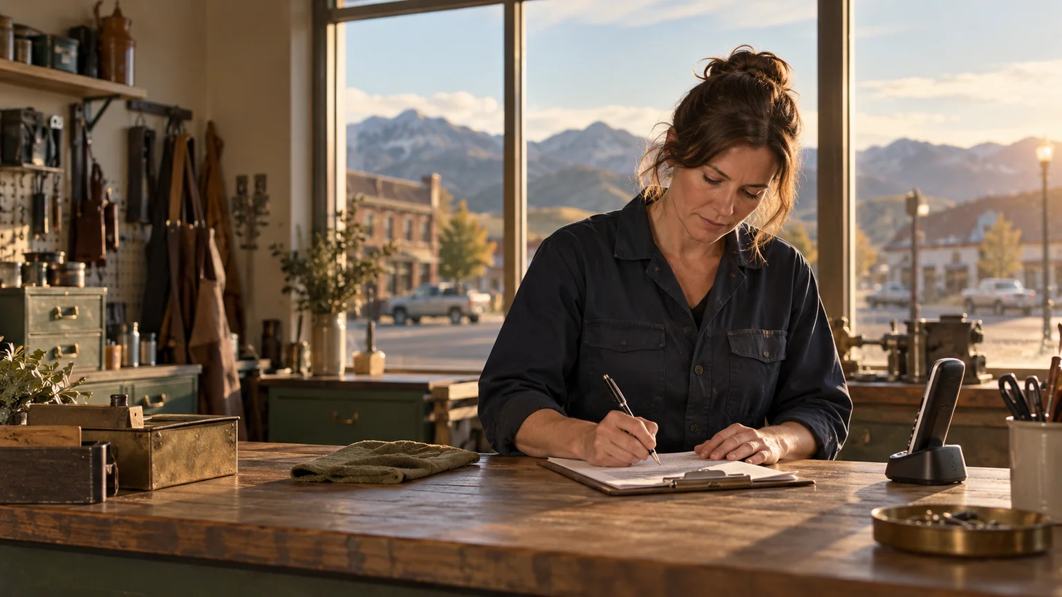 A service-business owner works on a repair order while her phone rests beside her